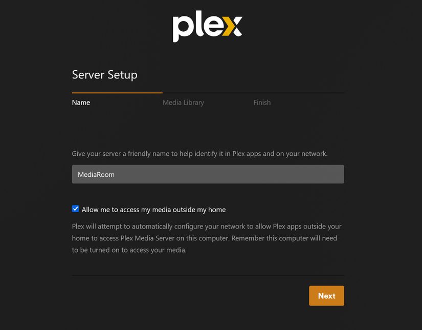 A screenshot of the Plex Media Server installer, where you setup the name of your media server.