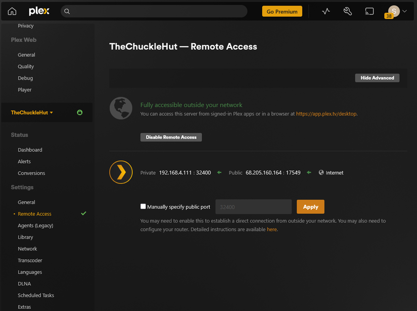 A screenshot of the Plex Media Server remote access settings.