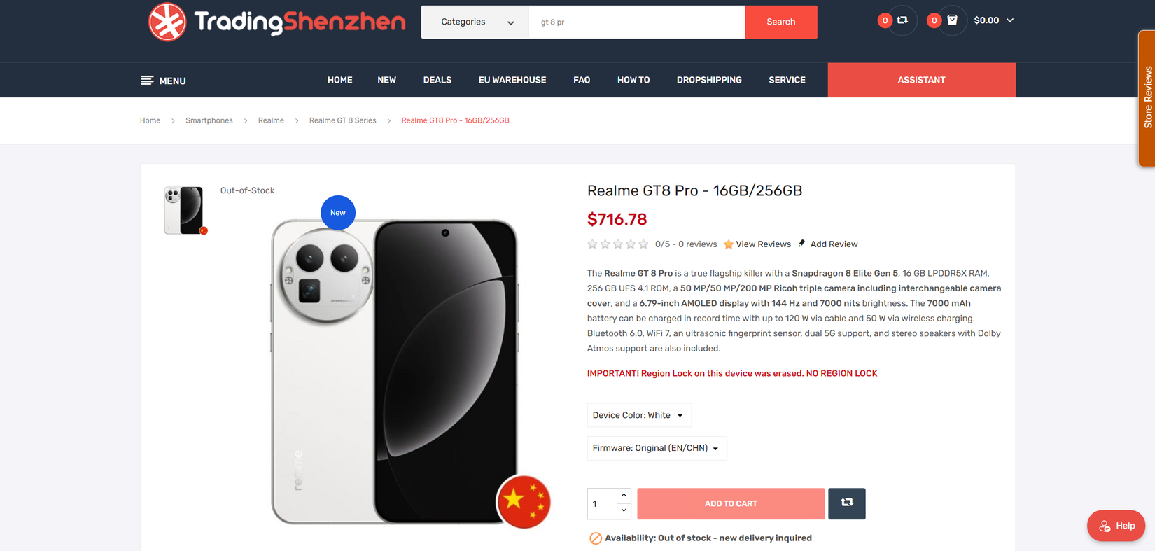 A screenshot of the Realme GT8 Pro on the Trading Shenzhen website.