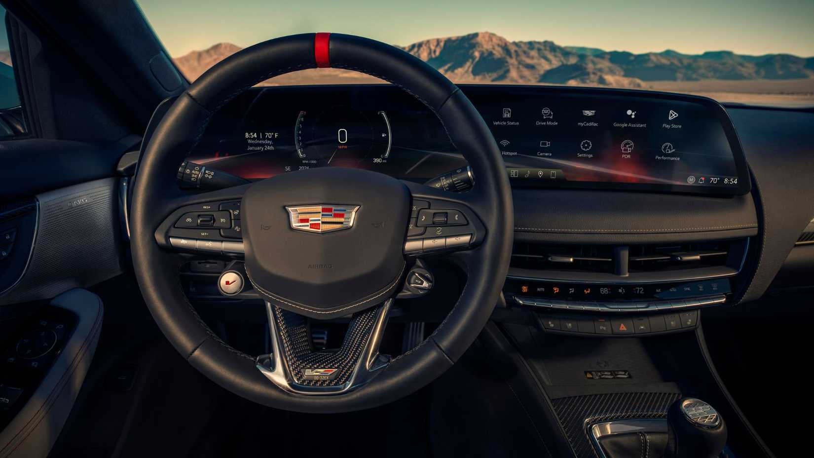 Shot of the steering wheel and infotainment screen in a 2025 Cadillac CT5-V Blackwing.