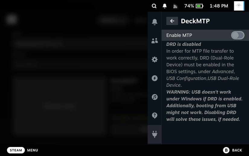 Tela inicial do plugin DeckMTP mostrando que o MTP está desabilitado.
