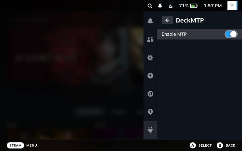Tela inicial do plugin DeckMTP mostrando que o MTP está habilitado.