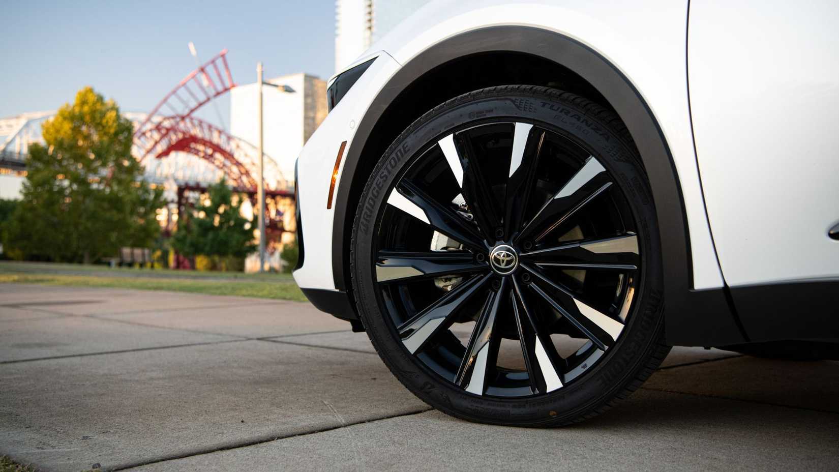 Close-up shot of the alloy wheel on a white 2026 Toyota Crown Platinum.