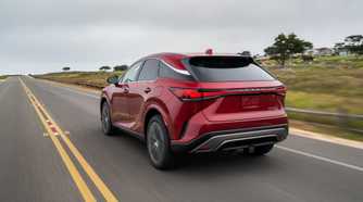 Dynamic rear 3/4 shot of a red 2026 Lexus RX 350h.