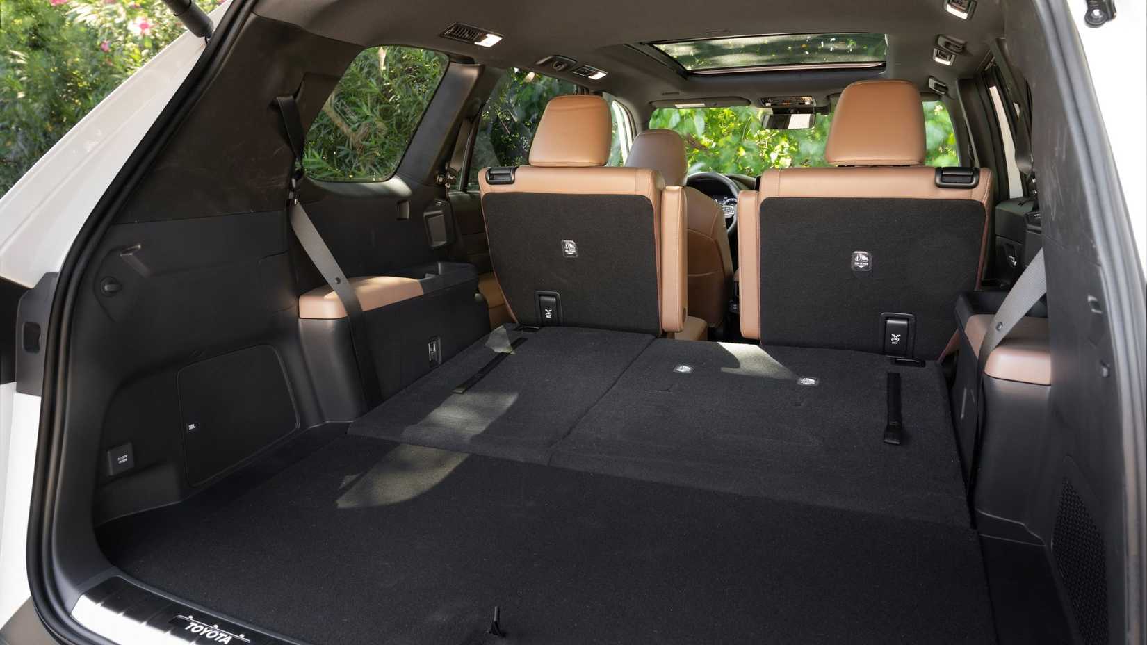 Shot inside the trunk of a 2026 Toyota Grand Highlander with the rear seats folded.
