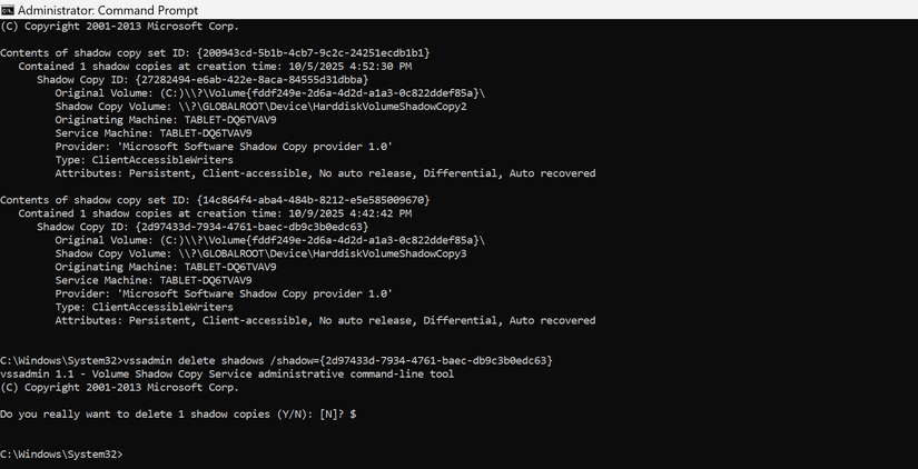 Executando comandos no prompt de comando para excluir pontos de restauração específicos.