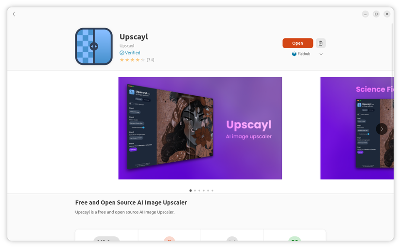 Upscayl Flatpak on GNOME Software.