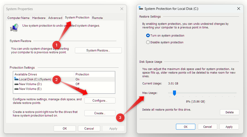 Ajustando a alocação máxima de espaço para Restauração do Sistema no Windows.