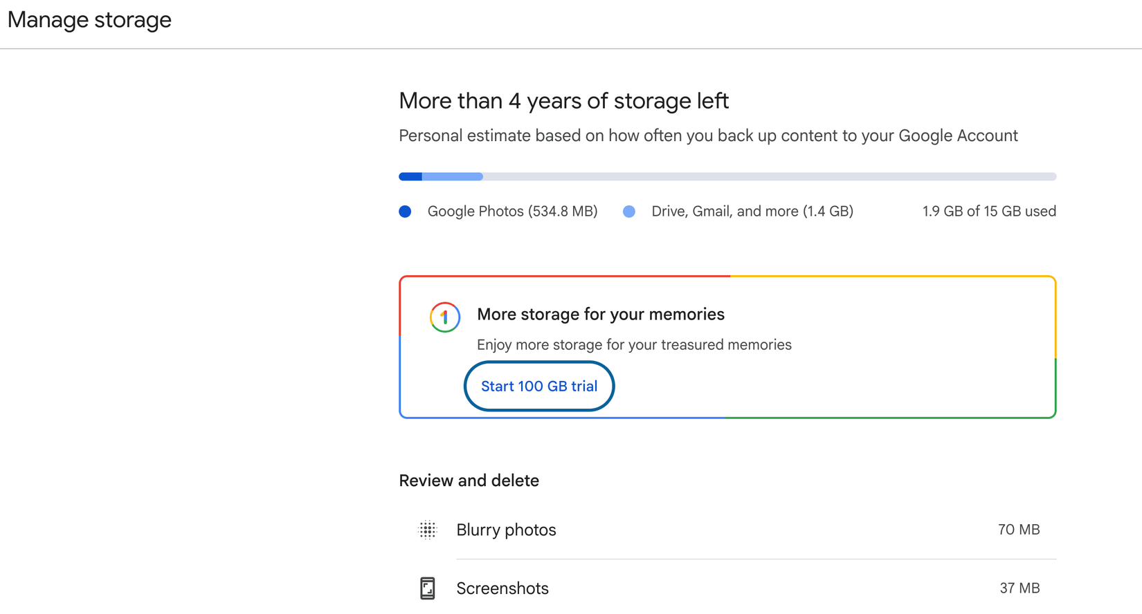 Checking the storage space consumed by different files in Google Photos.