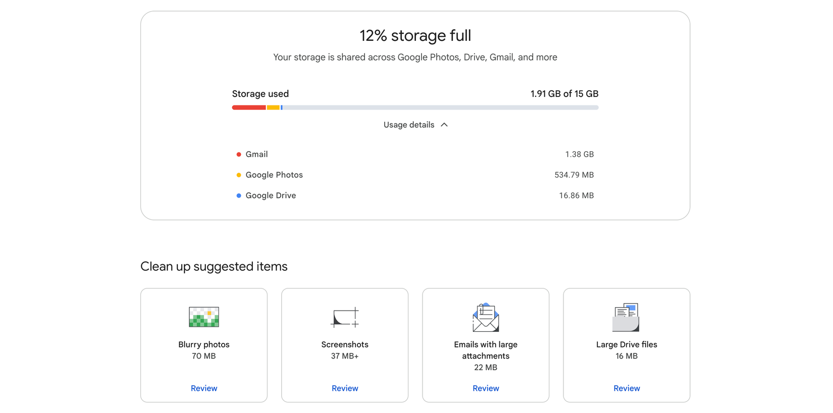 Cleaning up suggested items in Google One.