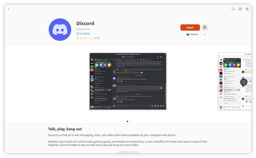 Discord Flatpak on GNOME Software.