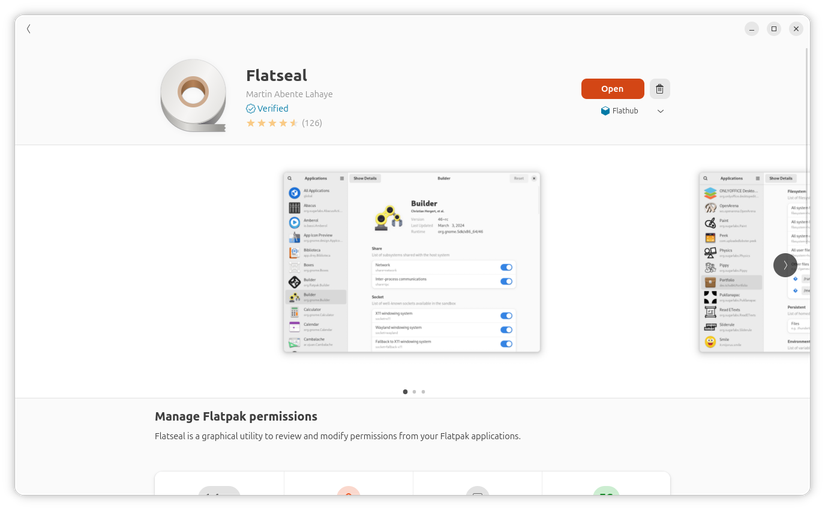 Flatseal Flatpak on GNOME Software.