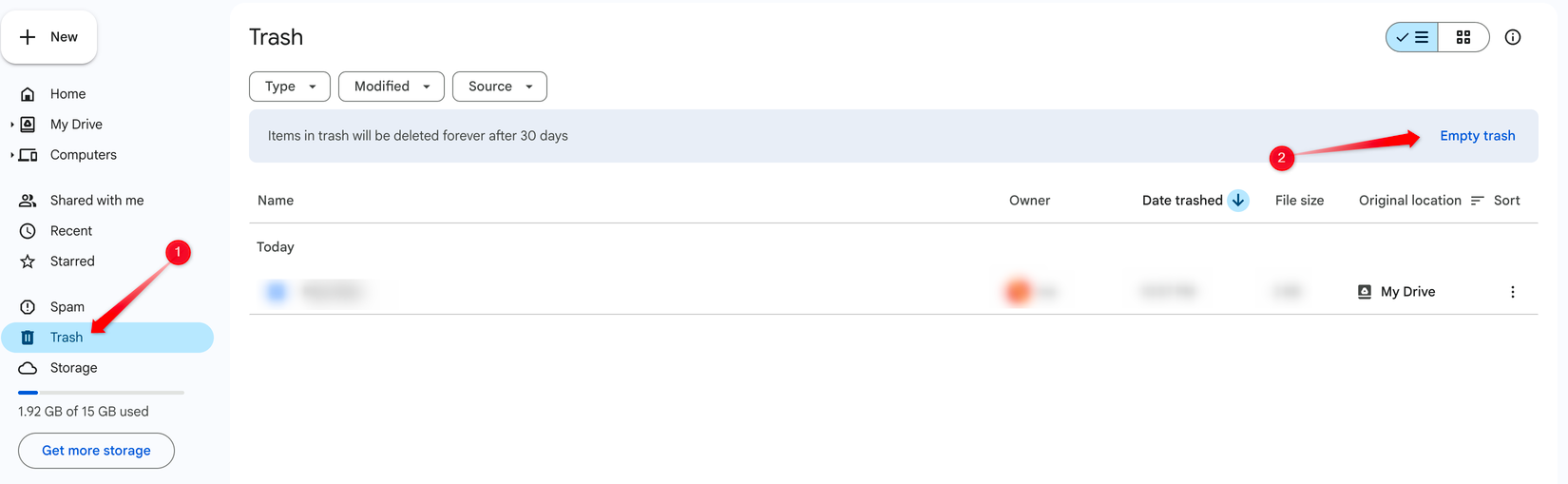 Emptying the trash folder in Google Drive.