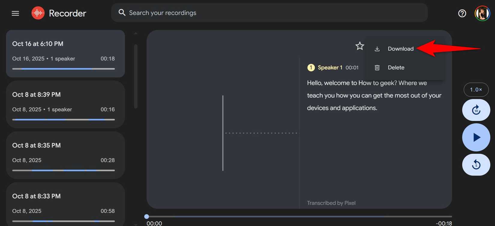 "Download" highlighted on Recorder's web version.