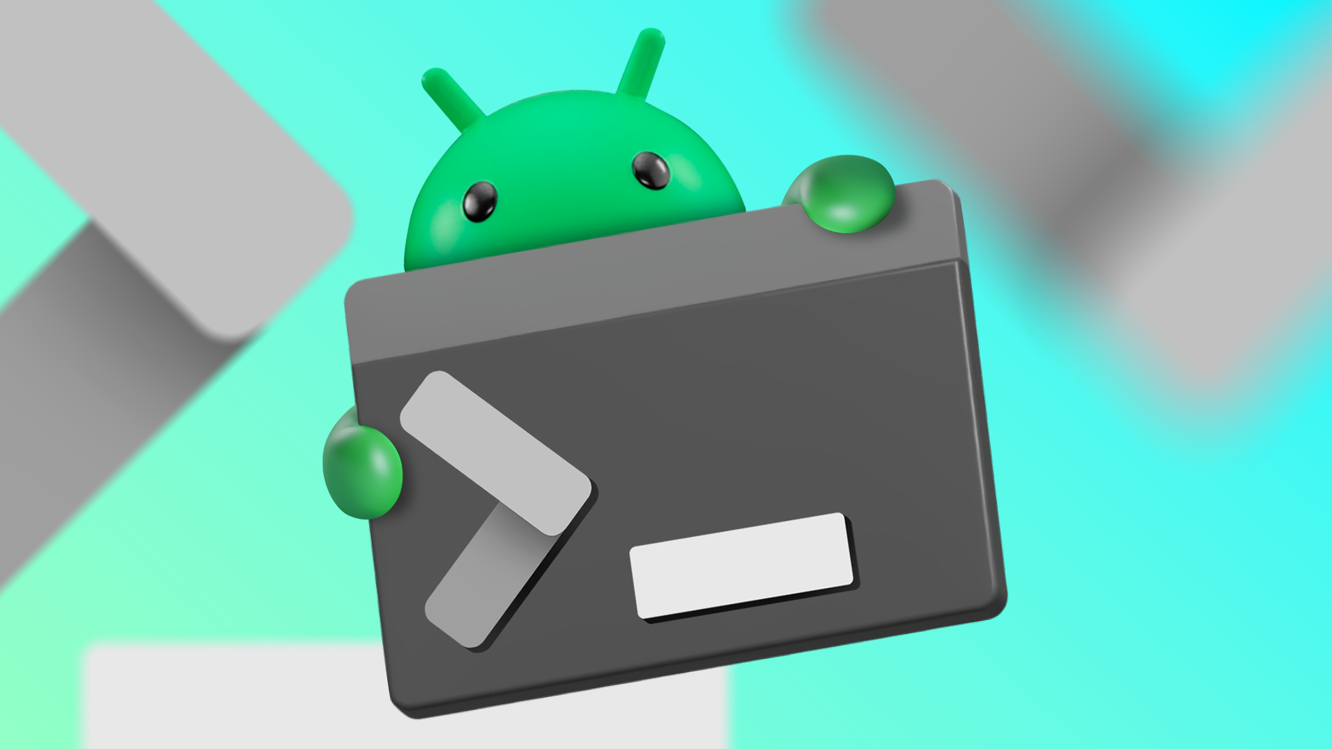 Um mascote Android 3D segurando uma janela de terminal em um fundo gradiente ciano brilhante.