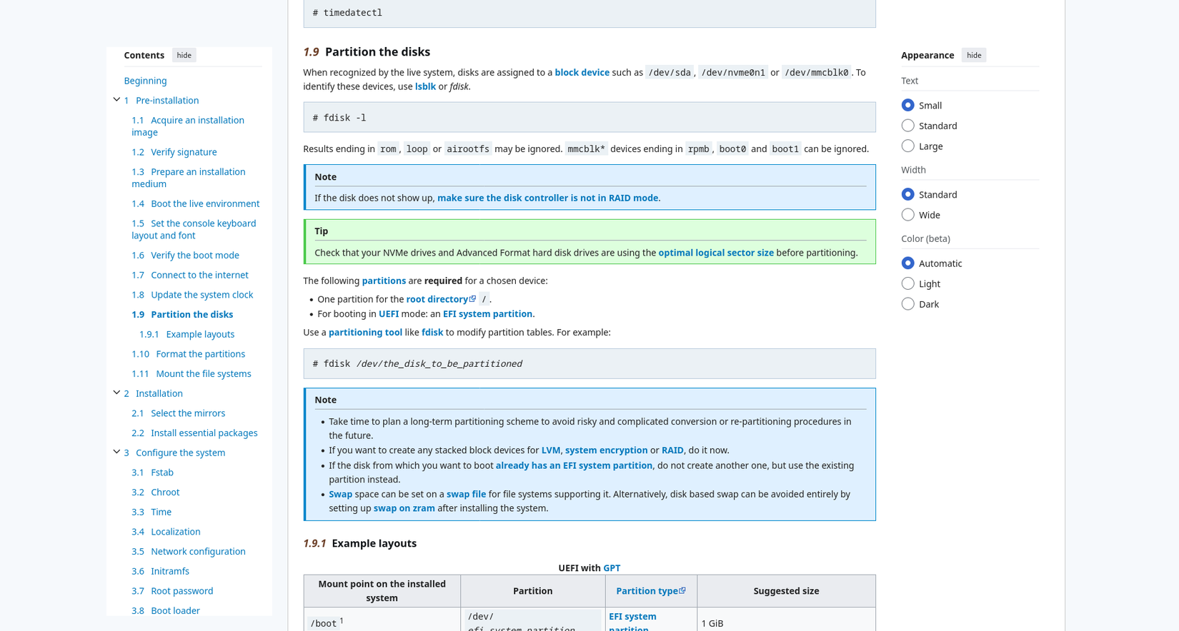 A browser window displays the Arch Linux installation guide from the Arch Wiki.