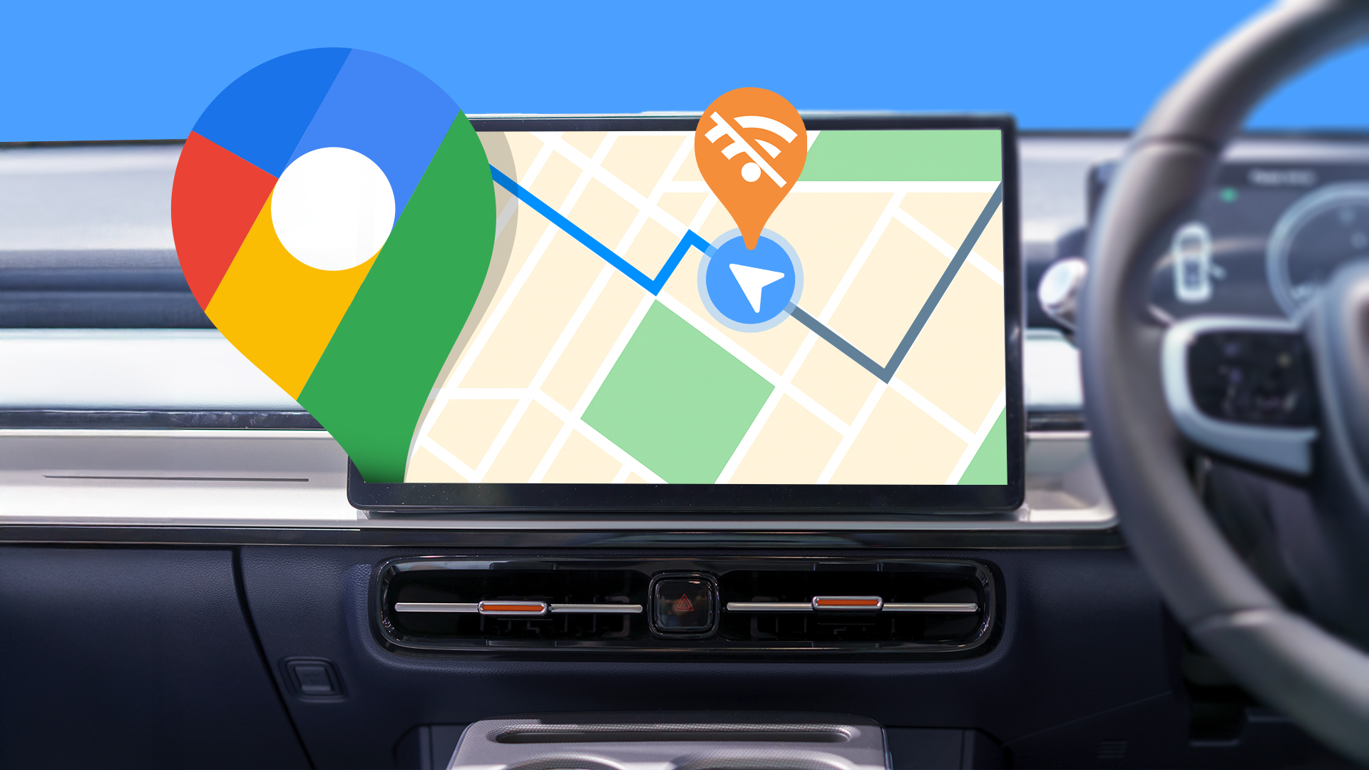Tela do painel de um carro exibindo uma rota do Google Maps, com o logotipo do Google Maps e um símbolo de Wi-Fi desligado.