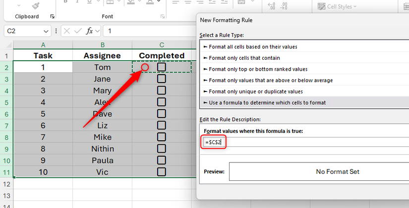 A cell is selected in Excel to add a reference to a conditional formatting formula.