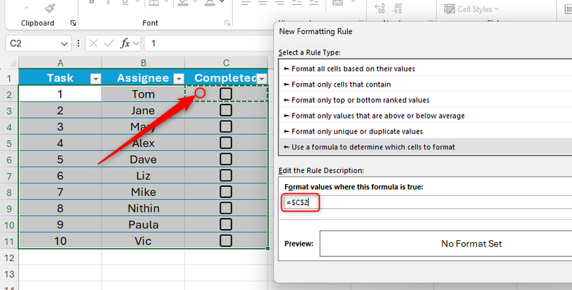 A cell is selected in Microsoft Excel to add a reference to a conditional formatting formula.