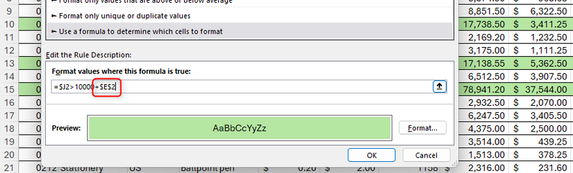 Referencia de celda agregada a la fórmula de una regla de formato condicional en Microsoft Excel.