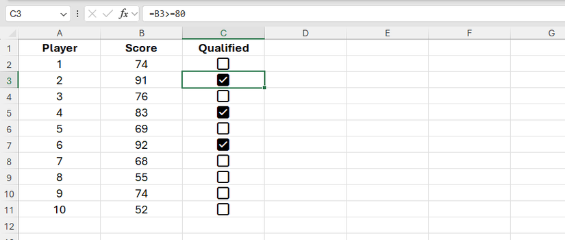 A checkbox in Excel is checked because the underlying formula returns TRUE.