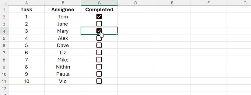 A checkbox in Excel is checked manually via a mouse click.