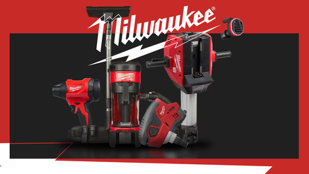 A collection of Milwaukee power tools, displayed against a black and red background with the Milwaukee logo above.