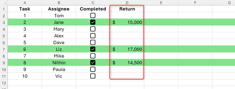 A column headed 'Return' is added to existing data in Excel, and conditional formatting is used to color the whole row where a checkbox is checked.