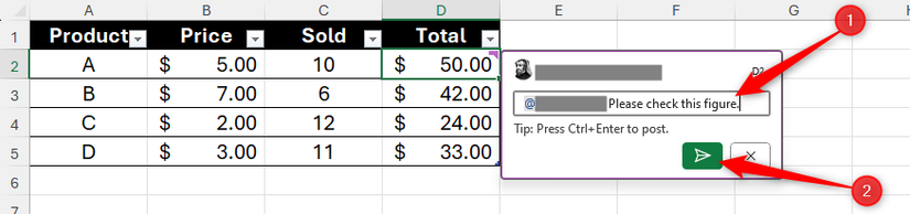 Um comentário em uma planilha do Excel contém uma tag de colaborador e uma nota, e o ícone “Enviar” é selecionado.
