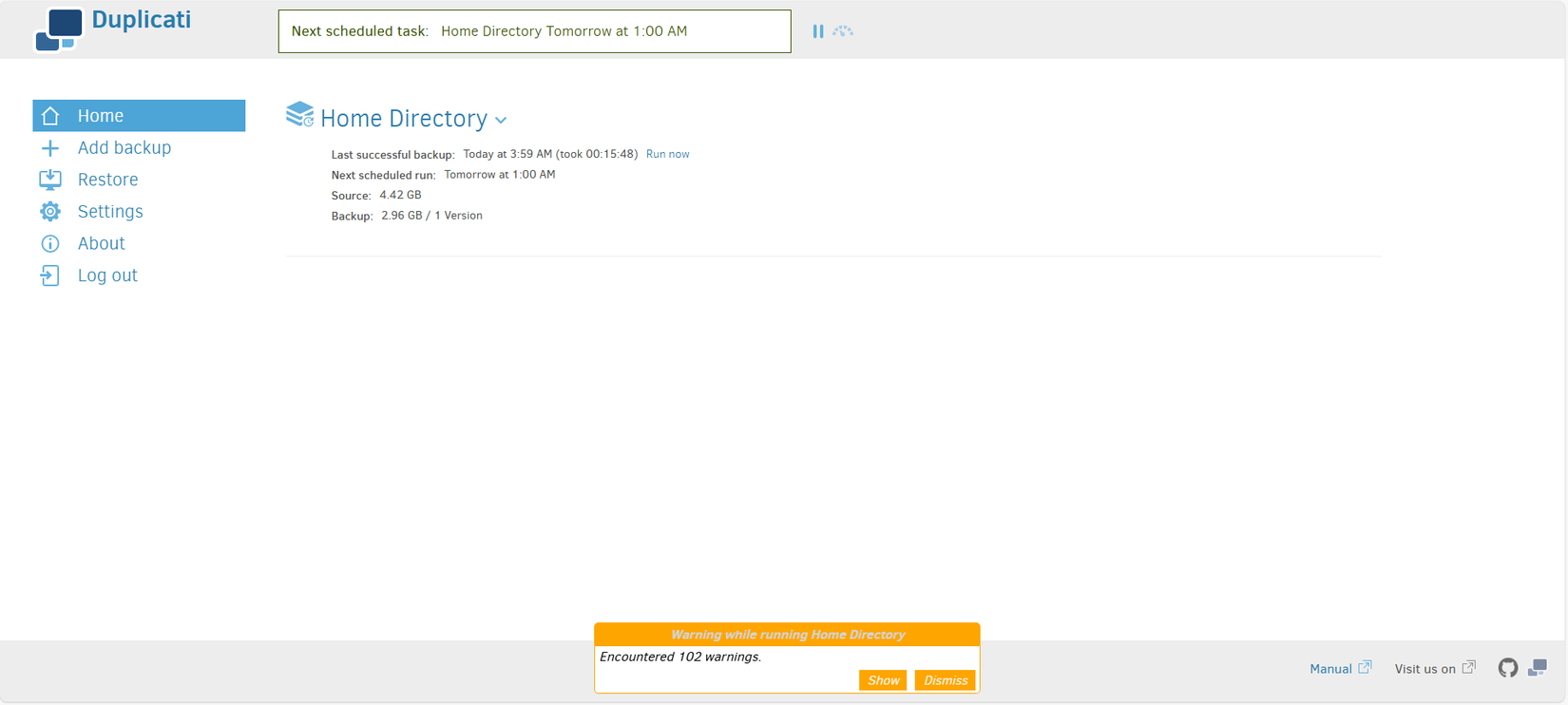 Una copia de seguridad Duplicati completa.