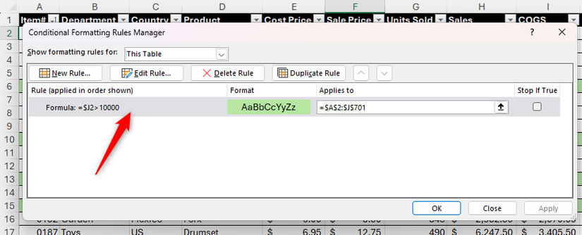 Se selecciona una regla de formato condicional en el Administrador de reglas de formato condicional de Excel.