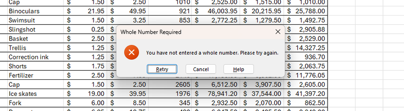 Um alerta de erro de validação de dados no Microsoft Excel.