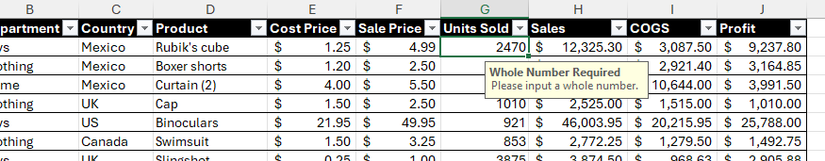 Uma mensagem de entrada de validação de dados é exibida no Excel quando uma célula contendo uma regra de validação de dados é selecionada.