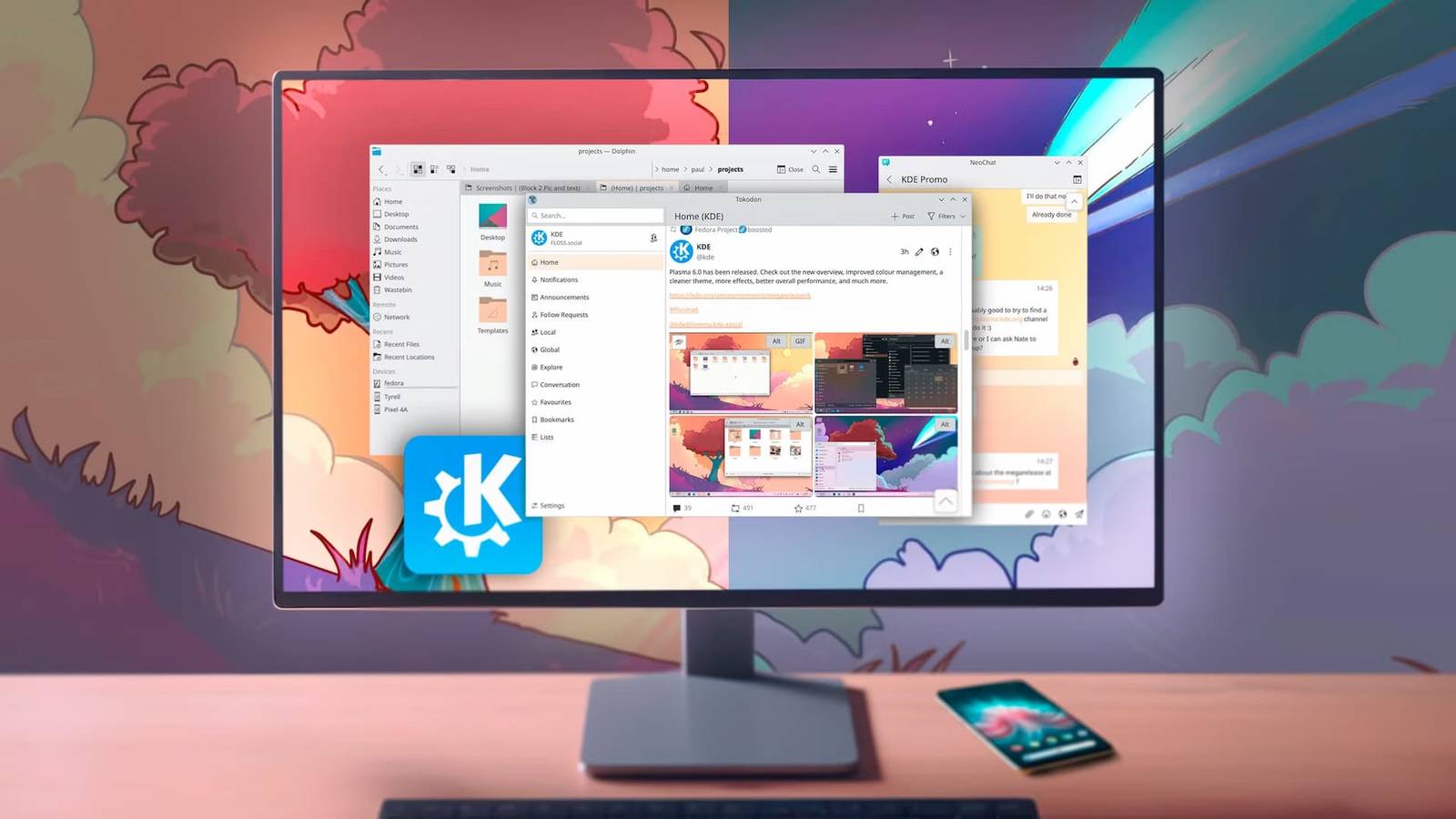 A desktop under a desk with some Plasma windows, and in the background, the default Plasma wallpaper split between light and dark.