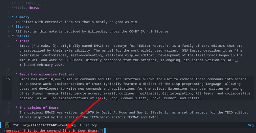 A Doom Emacs text editor window, with text on the screen. At the bottom is a command line, with a command that prints a message: This is the Doom Emacs command line.
