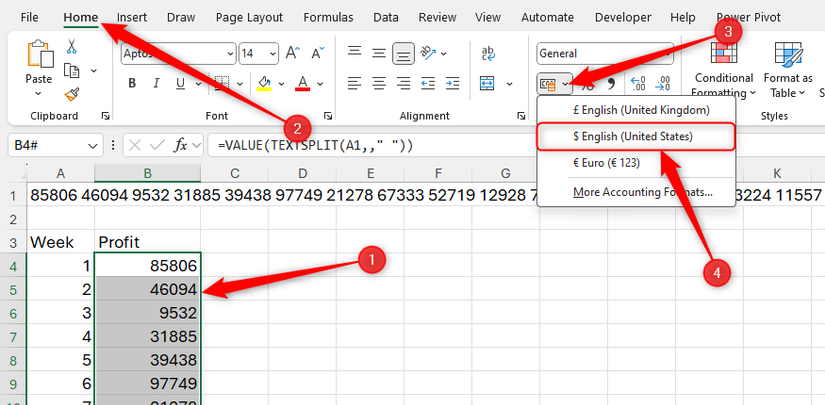 A dynamic array of numeric values in Excel is selected, and the USD accounting format is selected to be applied to the array.