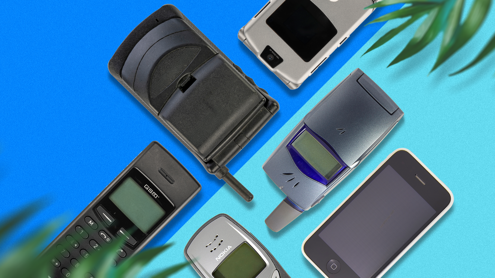 A flat lay of classic cell phones on a blue background, including models with visible antennas and models with internal antennas.