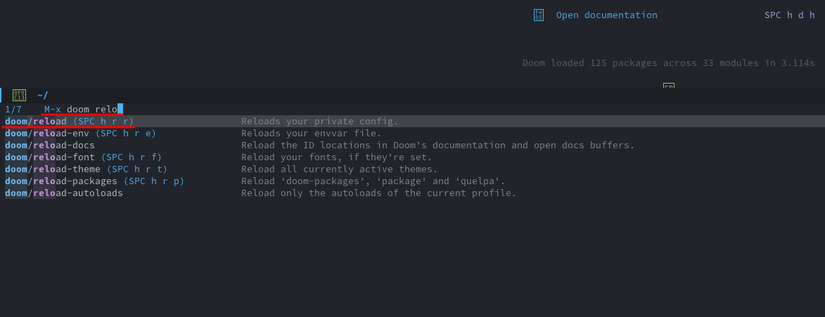 A graphical Emacs window displays an additional window pane that pops up from the bottom. At the top of the popup window pane, the user has typed some words, and search results appear just below it.