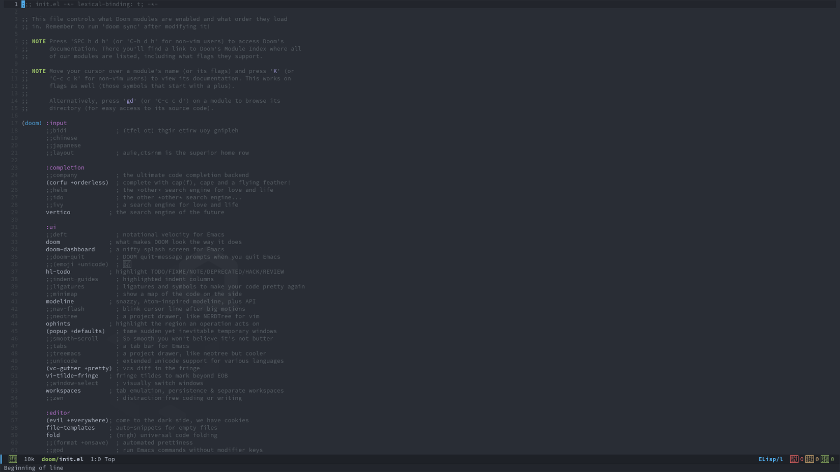 A graphical Emacs window displays the contents of the Doom Emacs init file. There is highly structured code on the screen, and around half of it is commented out.