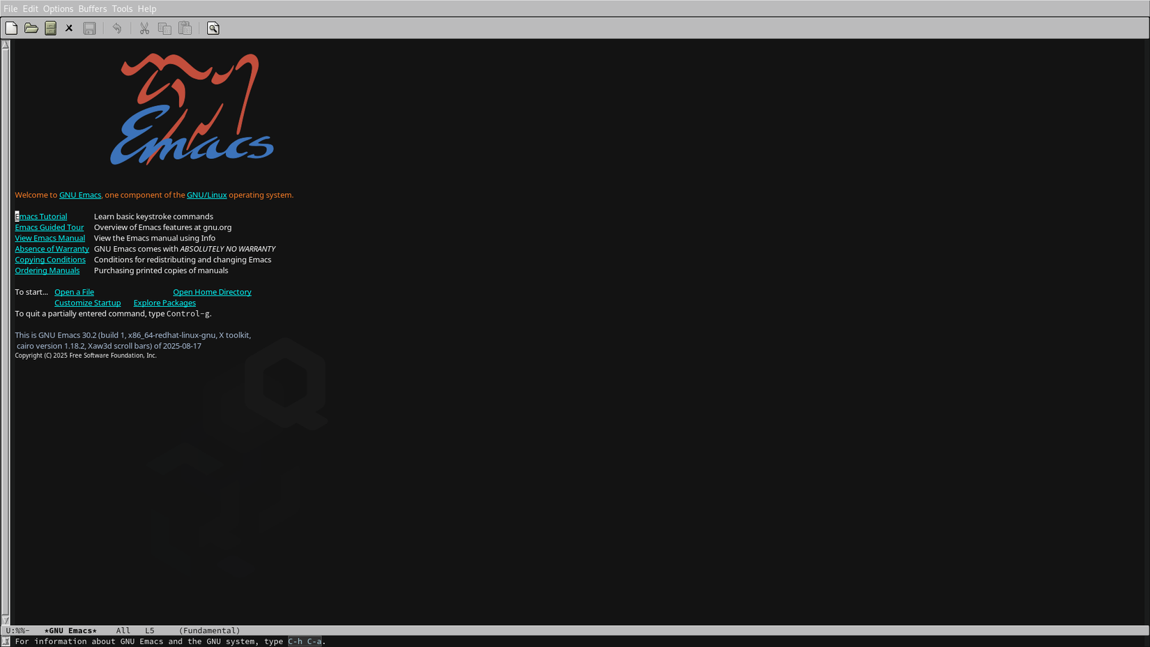 A graphical Emacs window is displayed. It's dark and looks unconfigured.
