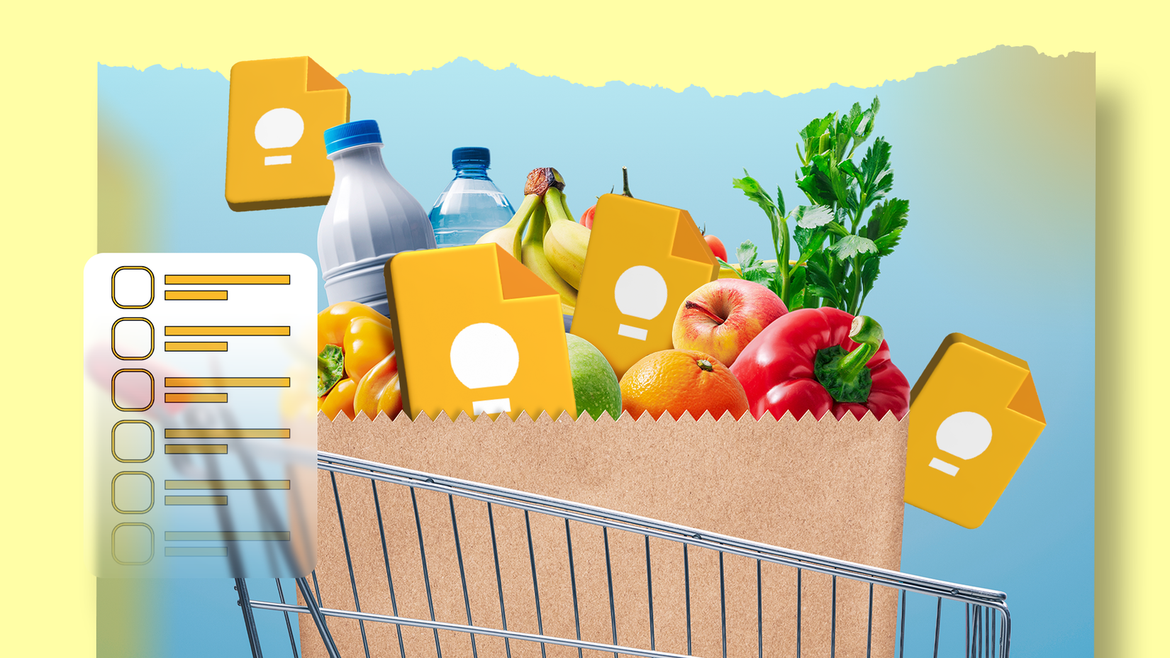 A grocery bag filled with fruits, vegetables and bottles in a basket, surrounded by floating Google Keep note icons and a checklist interface on the side.