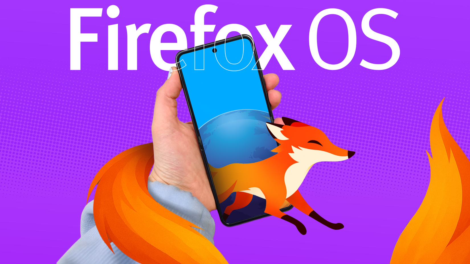 A hand holding a smartphone with the Firefox fox running out of the screen and its orange tail extending beyond the frame.