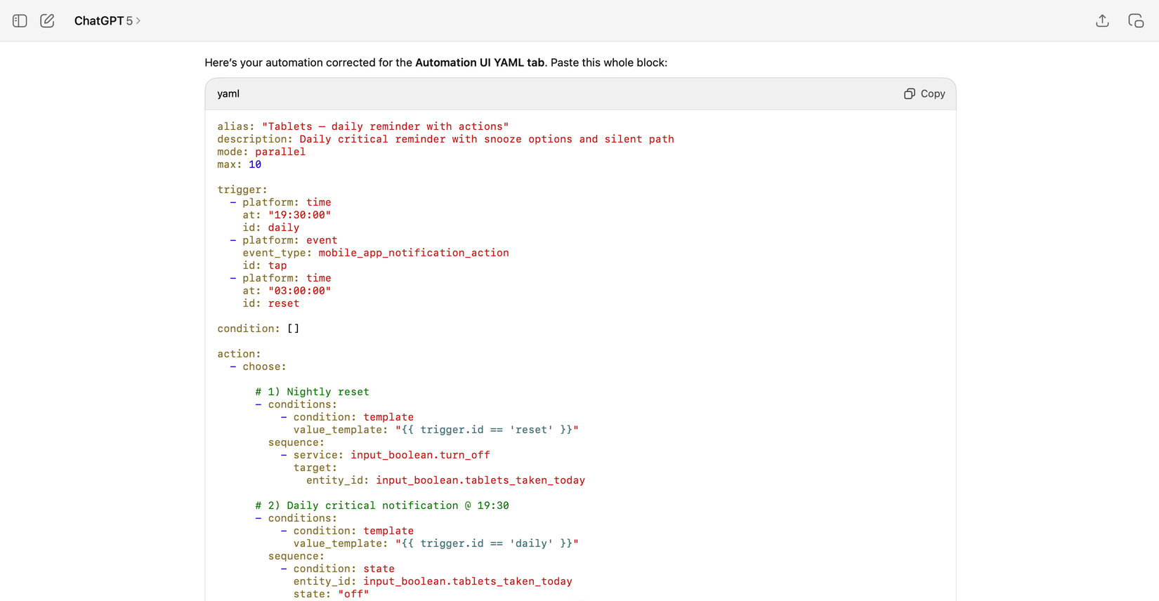 A Home Assistant automation for a medication reminder generated in ChatGPT.