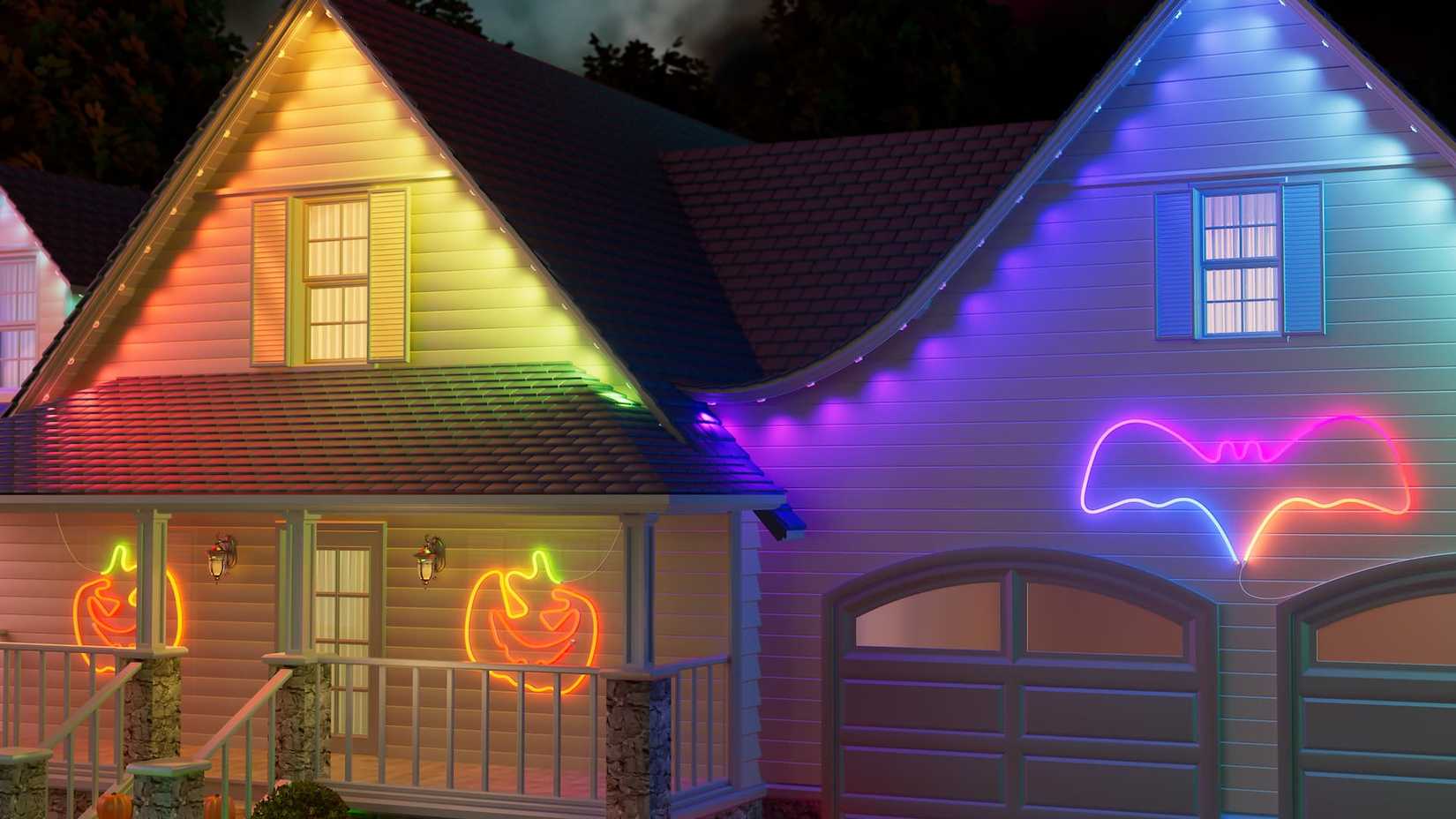 Uma casa com DE Eave Lights em Holloween com foco nas luzes superiores