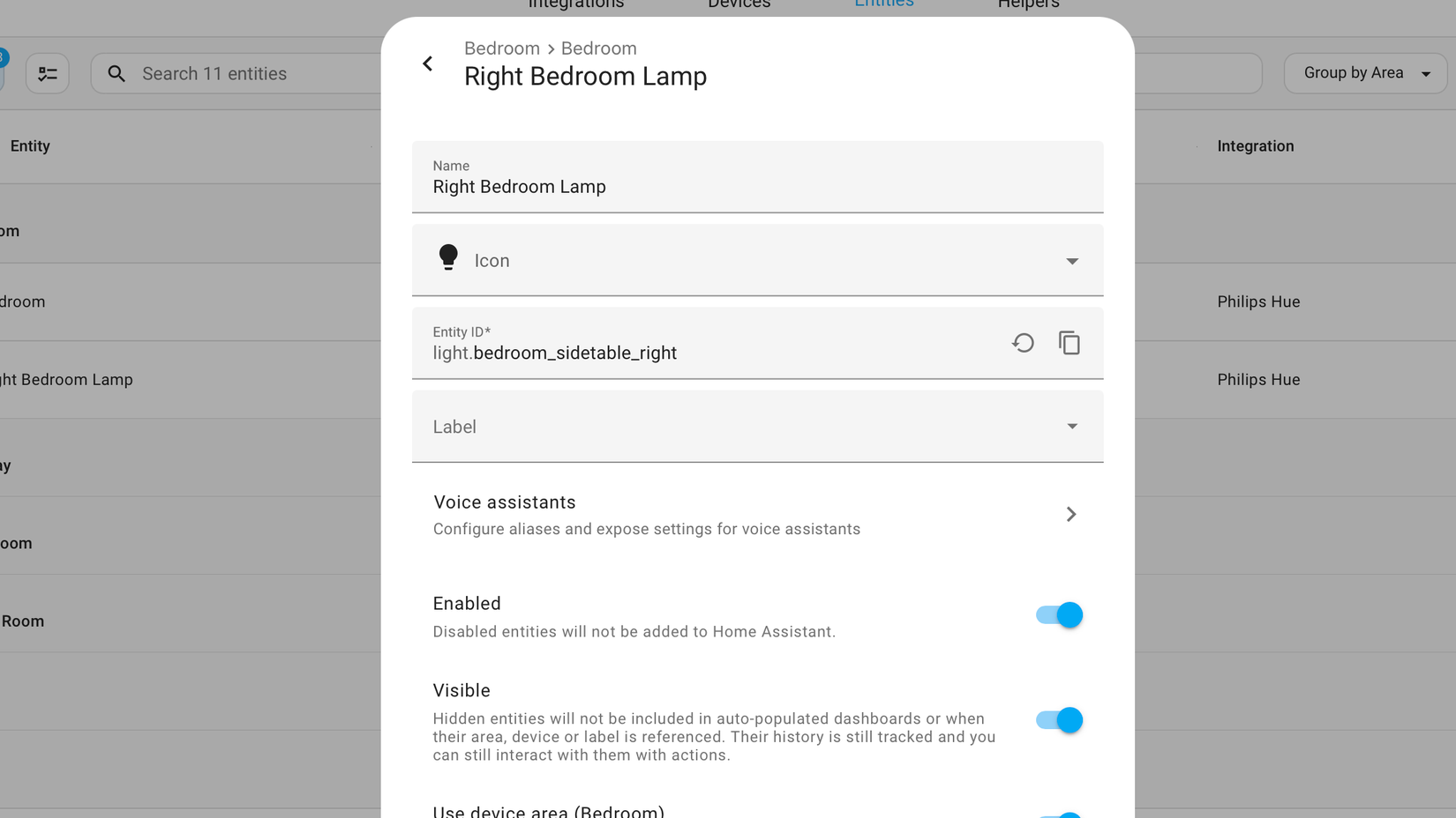 A light entity in Home Assistant with the name light.bedroom_sidetable_right.
