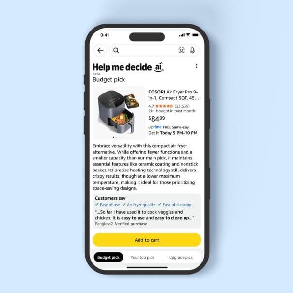 A listing of an Air Fryer on Help Me Decide AI showing that you can pick budget pick or upgrade pick to get different deals