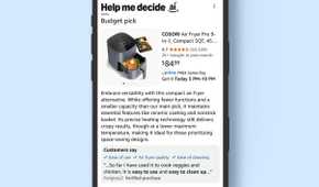 A listing of an Air Fryer on Help Me Decide AI showing that you can pick budget pick or upgrade pick to get different deals
