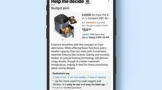 A listing of an Air Fryer on Help Me Decide AI showing that you can pick budget pick or upgrade pick to get different deals