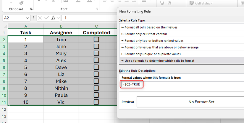 A logical formula is typed into the formula field of Excel's New Formatting Rule dialog box.