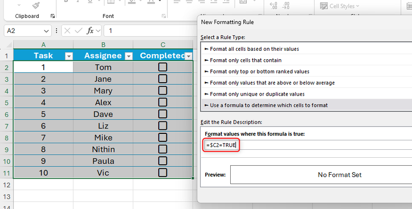 A logical formula is typed into the formula field of Microsoft Excel's New Formatting Rule dialog box.